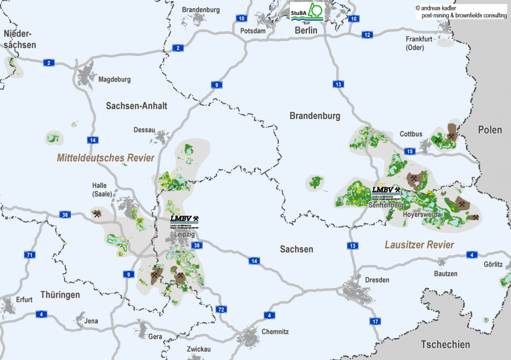 Bergbaufolgelandschaften und heute noch aktive Tagebaue 2018