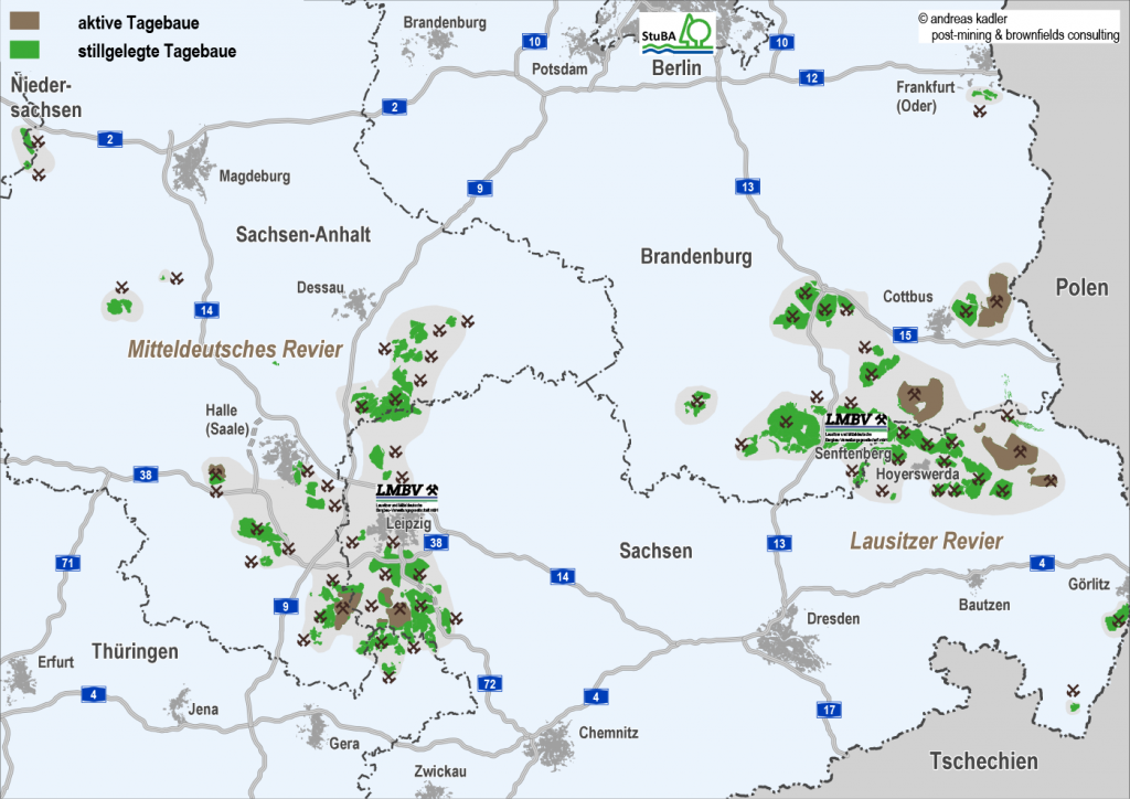 Seit 1834 betriebene und stillgelegte sowie heute noch aktive Tagebaue